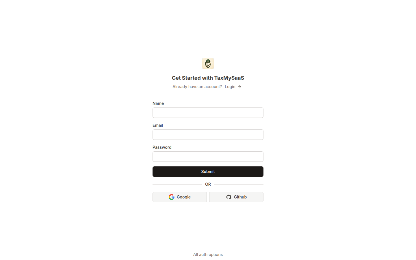 The TaxMySaaS registration form with email, password, and continue button
