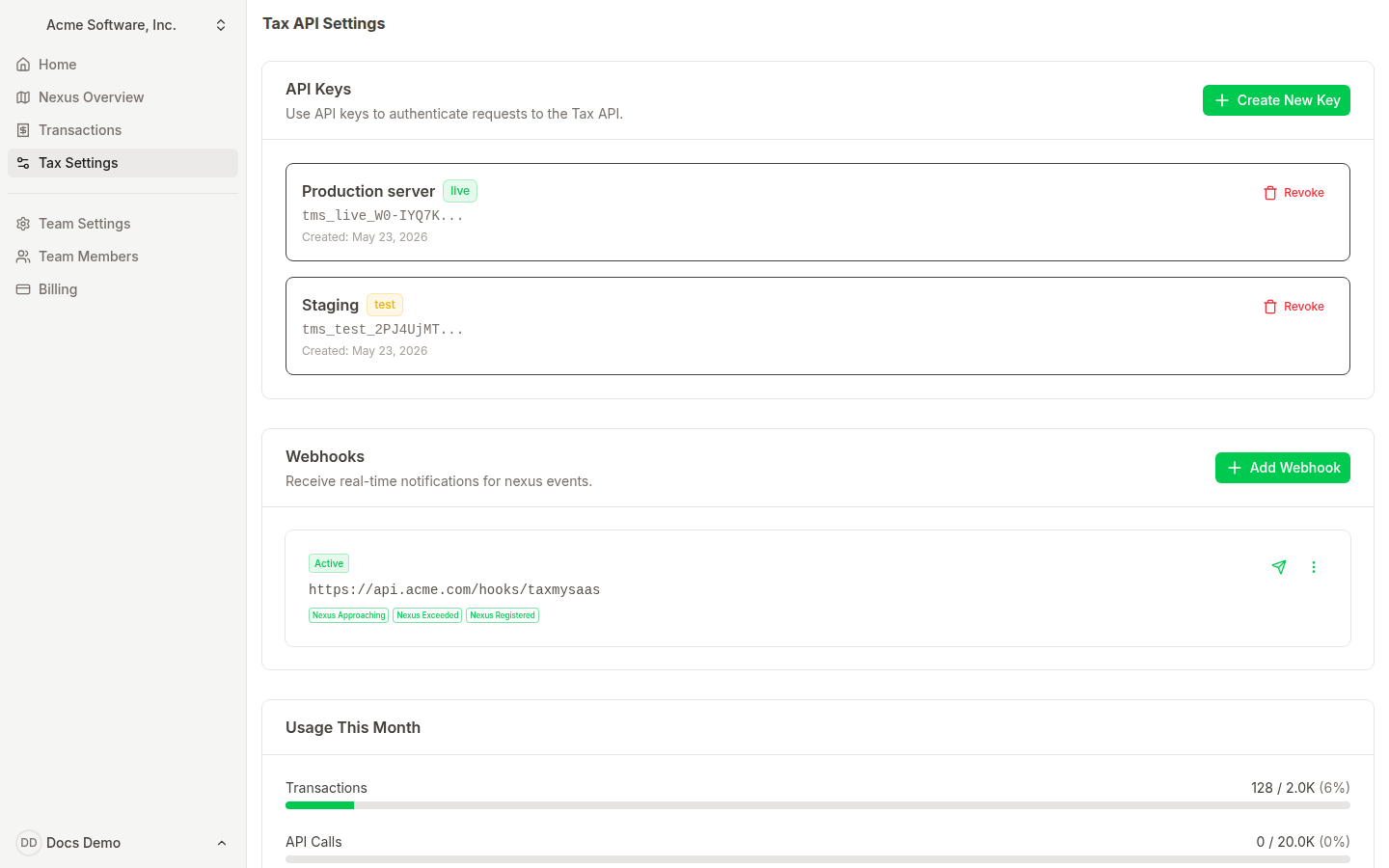 Tax settings showing API keys list with live and test environments