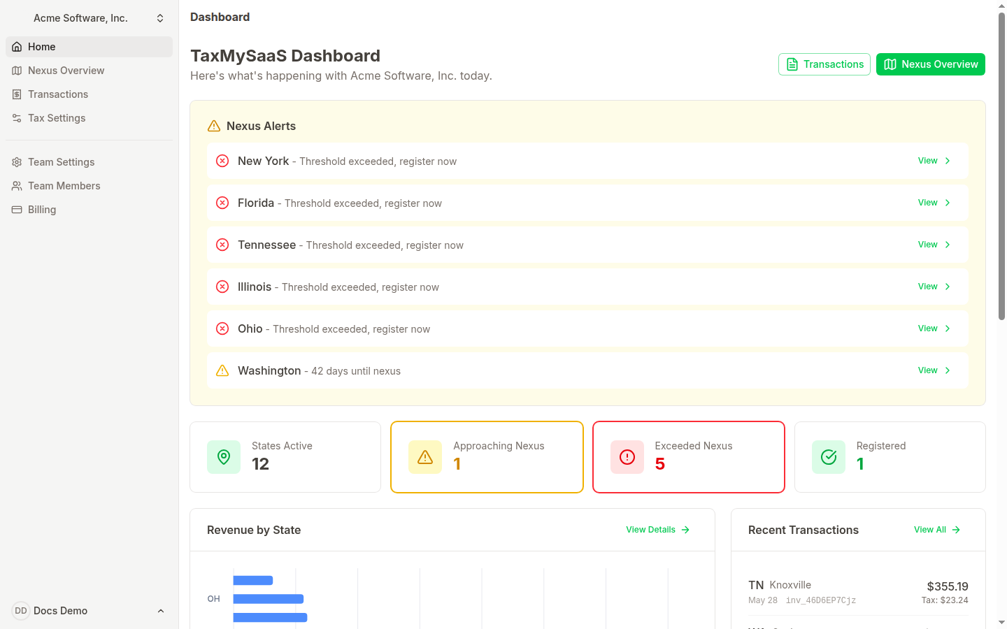 The TaxMySaaS sidebar with team picker, Home, Nexus Overview, Transactions, API Settings, and team settings links